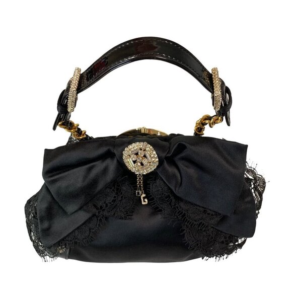 Vintage Dolce & Gabbana Evening Bag Clutch Black Satin Lace Bow Rhinestone Detai - Picture 1 of 16